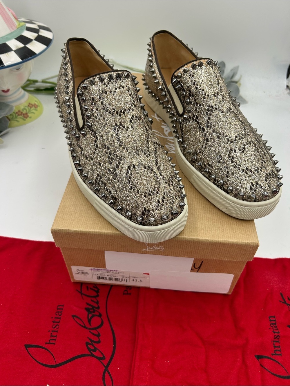 Men's Christian Louboutin slip on sneaker metallic spikes animal print size 46